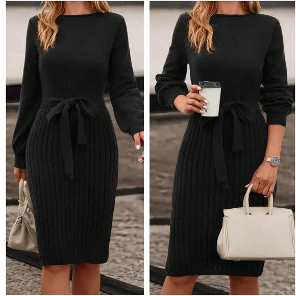 Classic Ribbed Belted Solid Sweater Dress - Picture 7 of 7